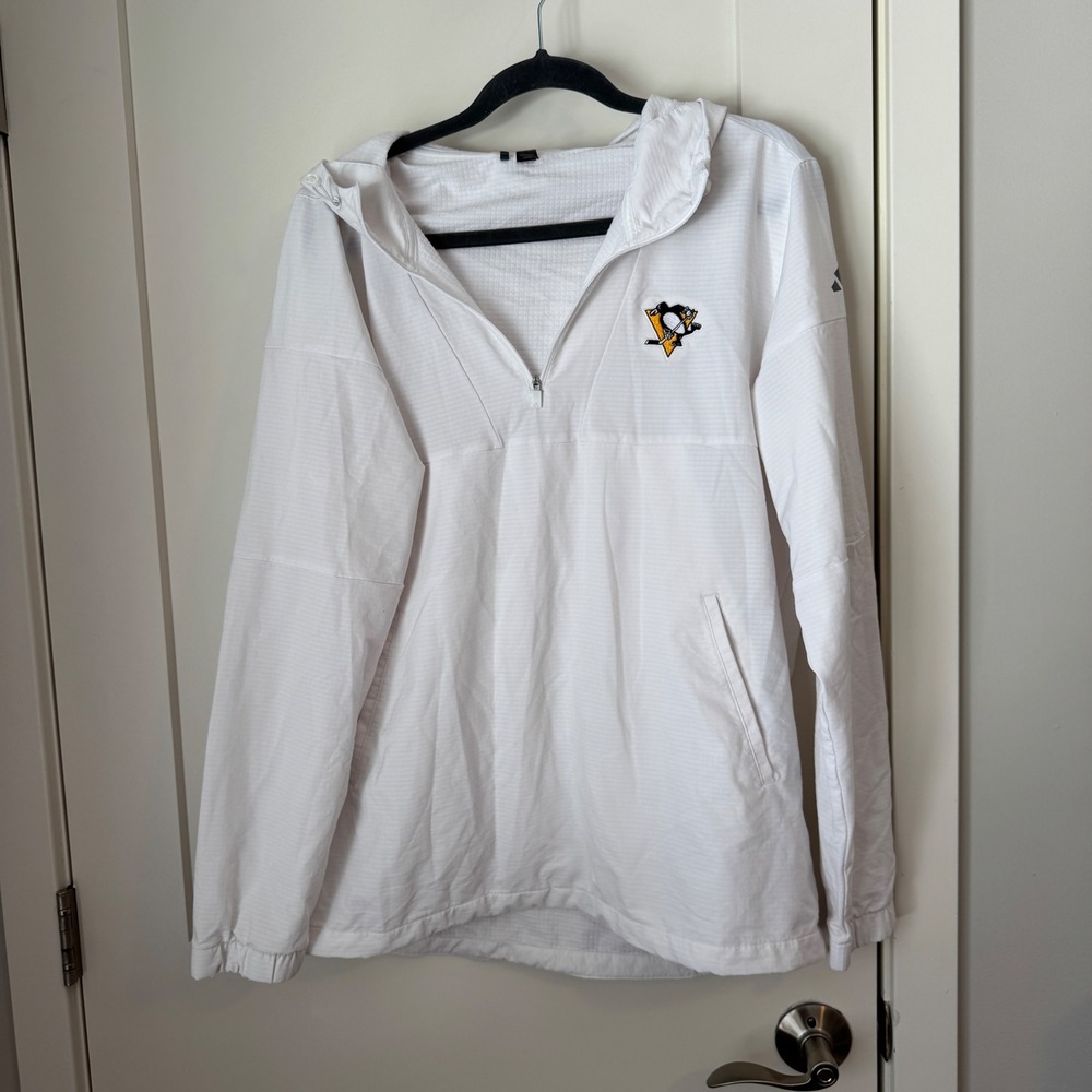 Adidas Pittsburgh Penguins Mens Large White Quarter‎ Zip Hooded Windbreaker NHL